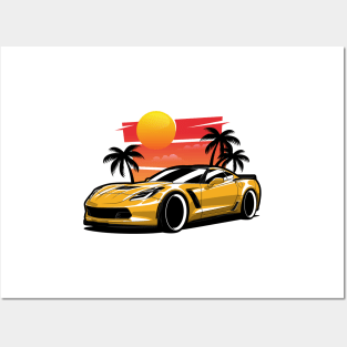 Yellow Corvette Z06 Sunset Palms Posters and Art